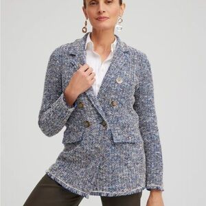 Chico's Tweed Blazer Jacket Womens XL Fringe Trim Navy Peach Career Academia